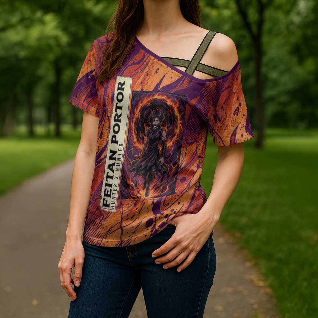 Feitan Portor Flame Aura Design Cross Shoulder Shirt with Sword Stance and Intense Anime Artwork - The Mazicc