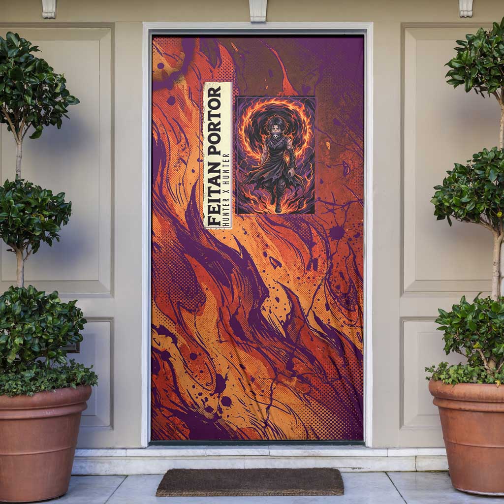 Feitan Portor Flame Aura Design Door Cover with Sword Stance and Intense Anime Artwork - The Mazicc