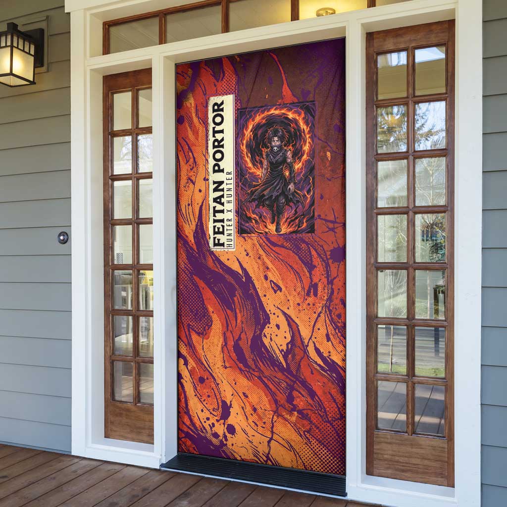 Feitan Portor Flame Aura Design Door Cover with Sword Stance and Intense Anime Artwork - The Mazicc