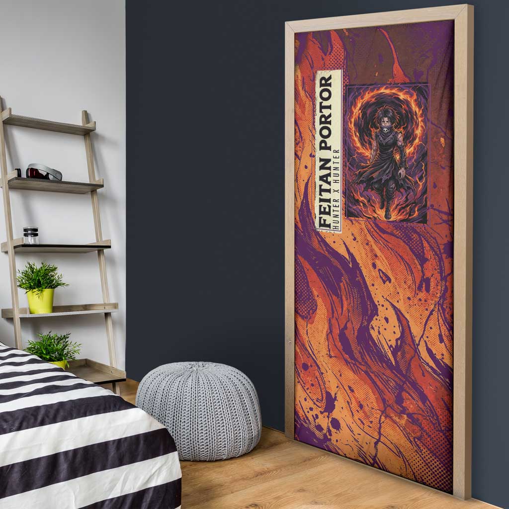 Feitan Portor Flame Aura Design Door Cover with Sword Stance and Intense Anime Artwork - The Mazicc