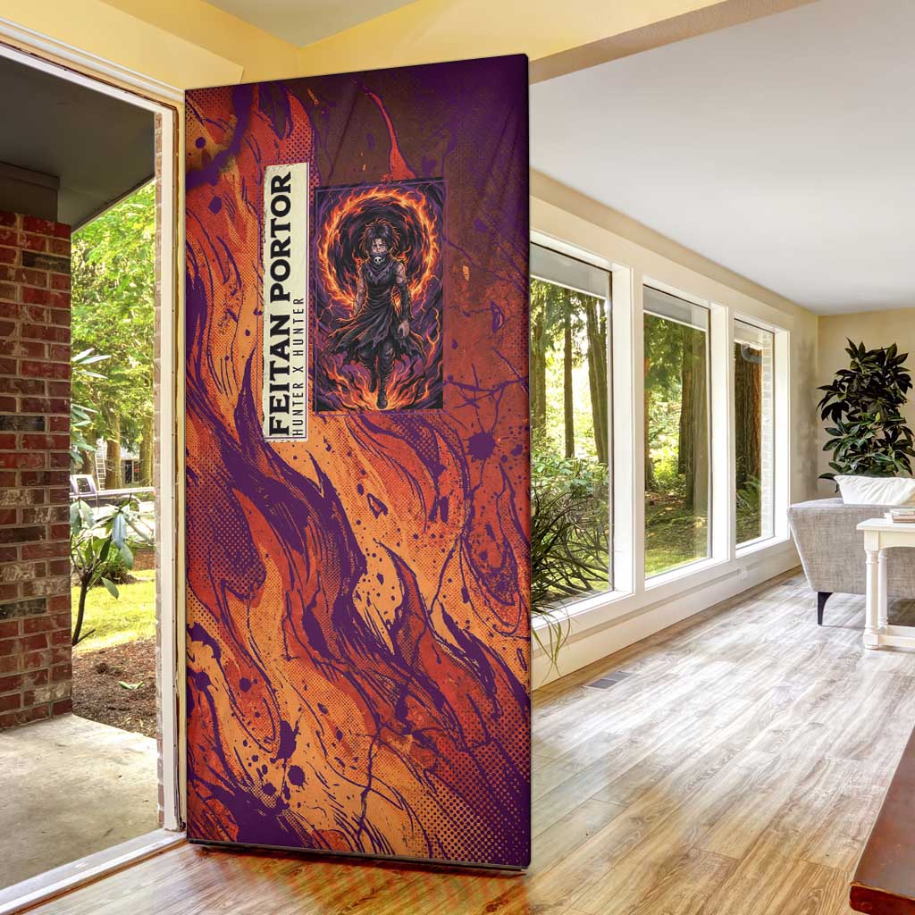 Feitan Portor Flame Aura Design Door Cover with Sword Stance and Intense Anime Artwork - The Mazicc
