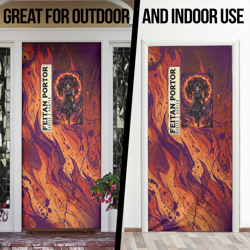 Feitan Portor Flame Aura Design Door Cover with Sword Stance and Intense Anime Artwork - The Mazicc