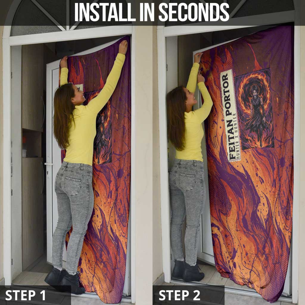Feitan Portor Flame Aura Design Door Cover with Sword Stance and Intense Anime Artwork - The Mazicc