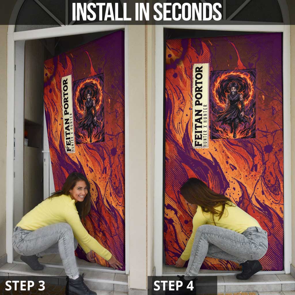 Feitan Portor Flame Aura Design Door Cover with Sword Stance and Intense Anime Artwork - The Mazicc