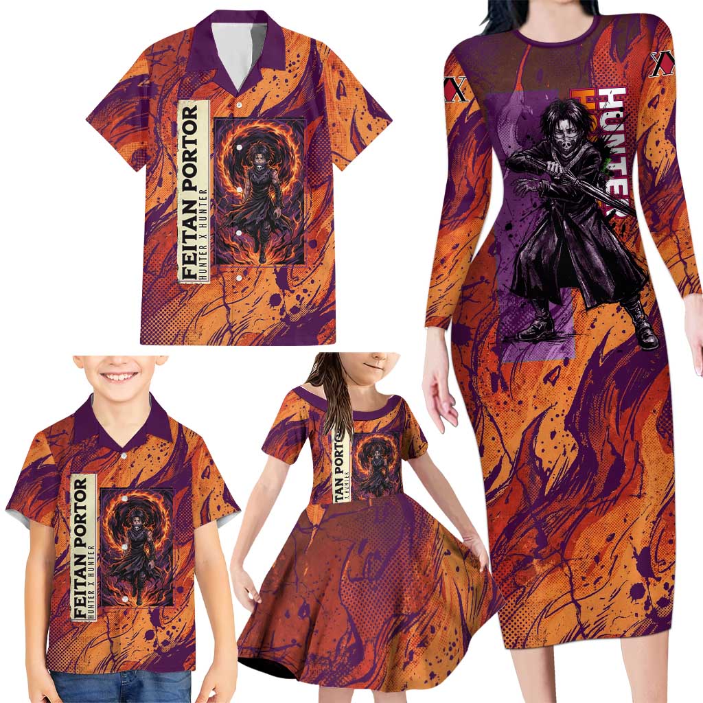 Feitan Portor Flame Aura Design Family Matching Long Sleeve Bodycon Dress and Hawaiian Shirt with Sword Stance and Intense Anime Artwork