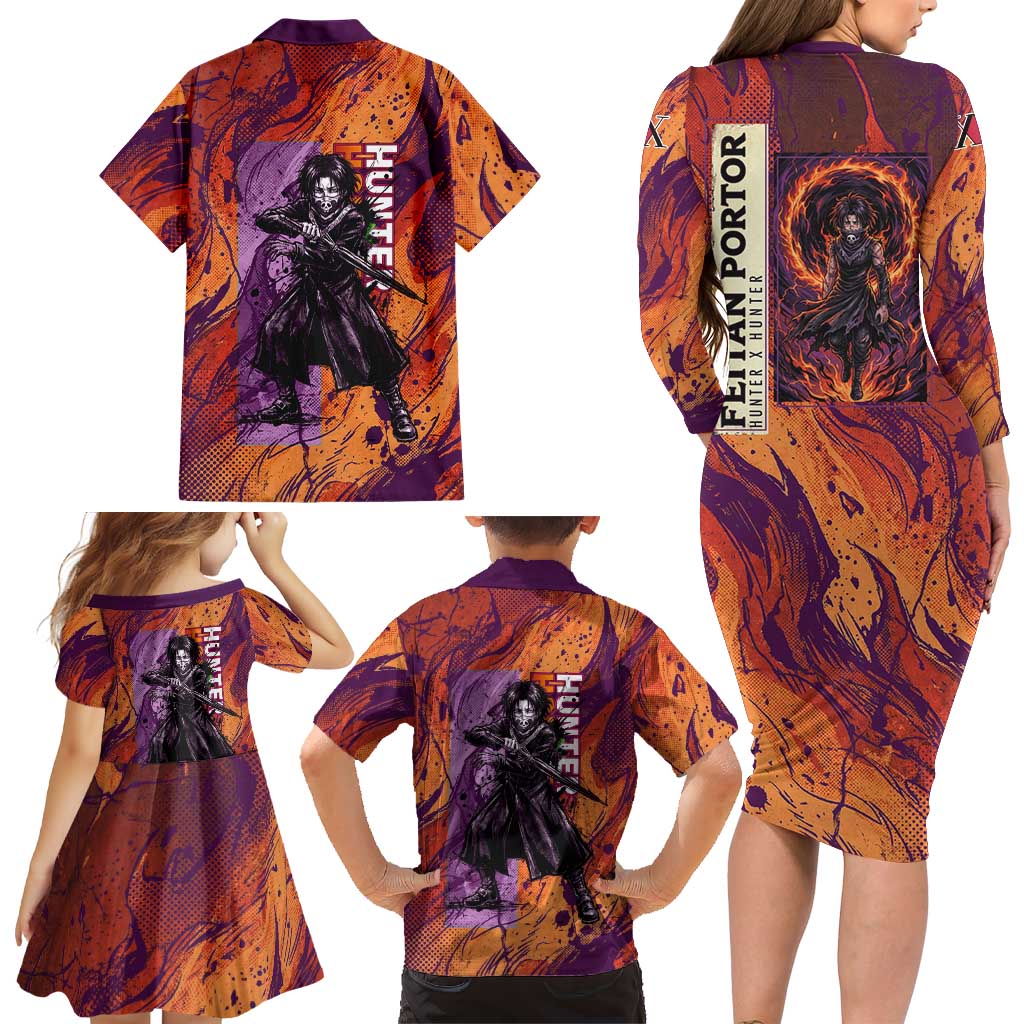 Feitan Portor Flame Aura Design Family Matching Long Sleeve Bodycon Dress and Hawaiian Shirt with Sword Stance and Intense Anime Artwork