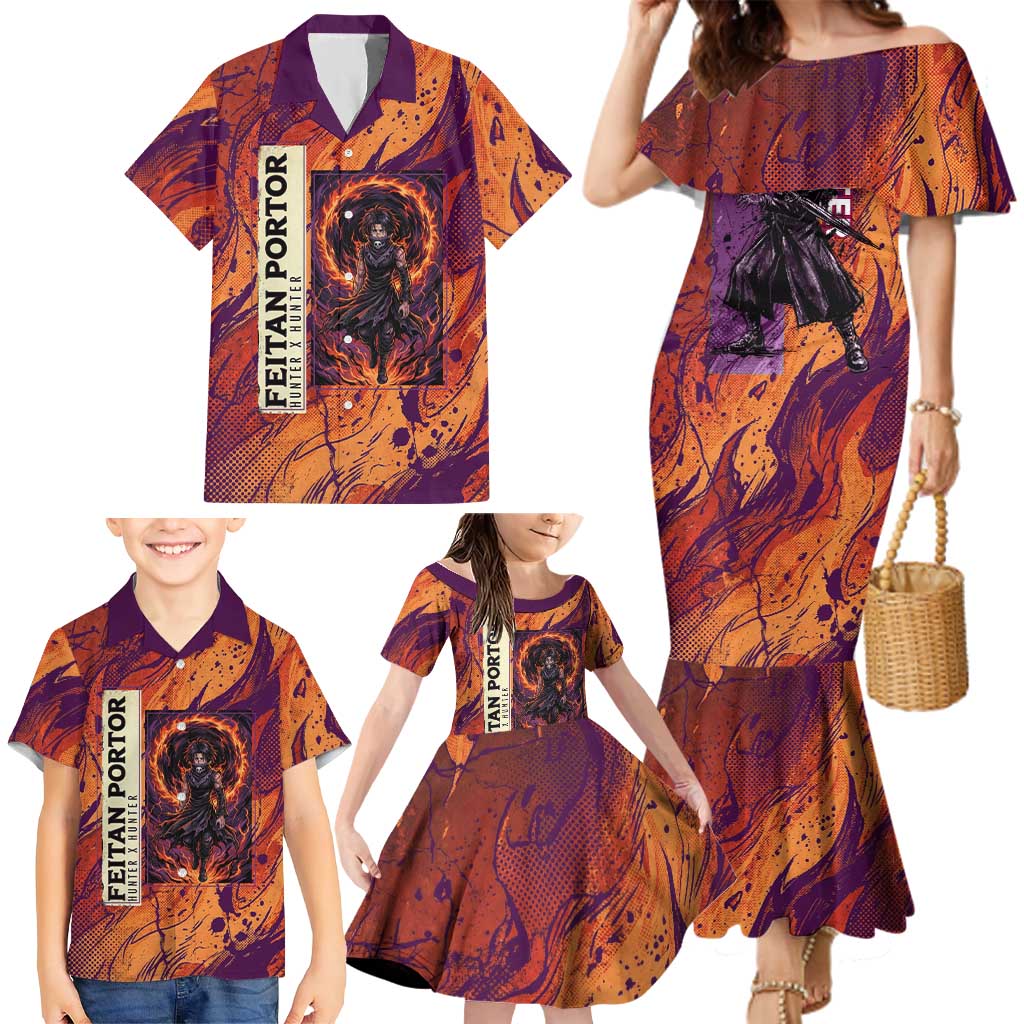 Feitan Portor Flame Aura Design Family Matching Mermaid Dress and Hawaiian Shirt with Sword Stance and Intense Anime Artwork