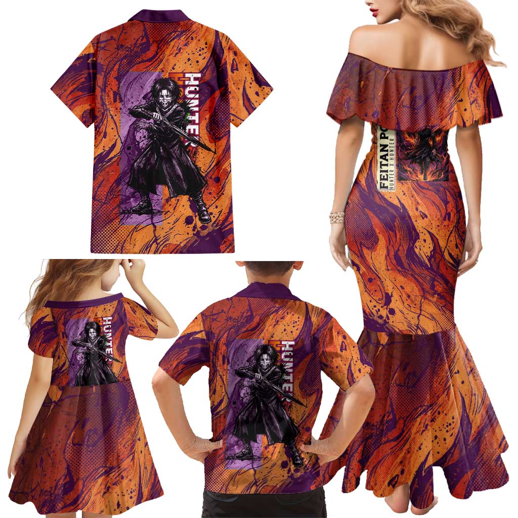 Feitan Portor Flame Aura Design Family Matching Mermaid Dress and Hawaiian Shirt with Sword Stance and Intense Anime Artwork