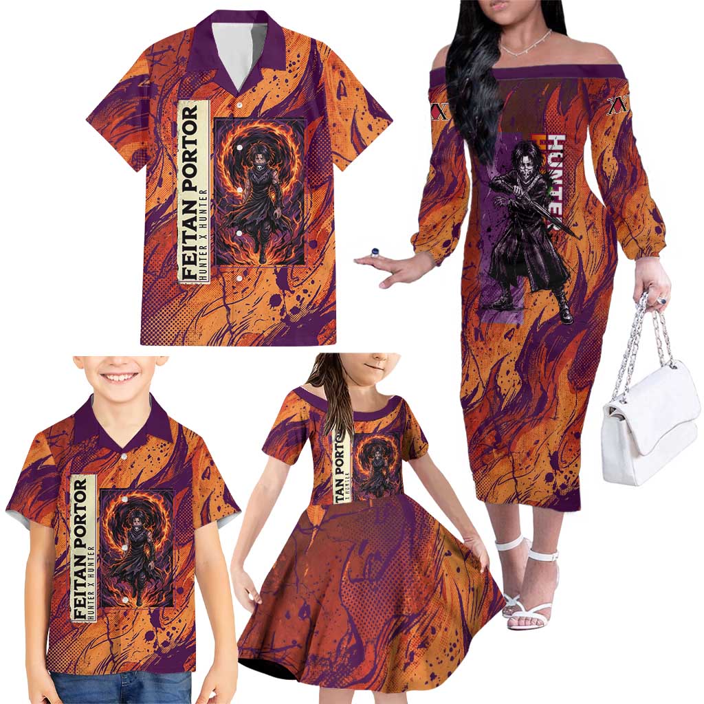 Feitan Portor Flame Aura Design Family Matching Off The Shoulder Long Sleeve Dress and Hawaiian Shirt with Sword Stance and Intense Anime Artwork