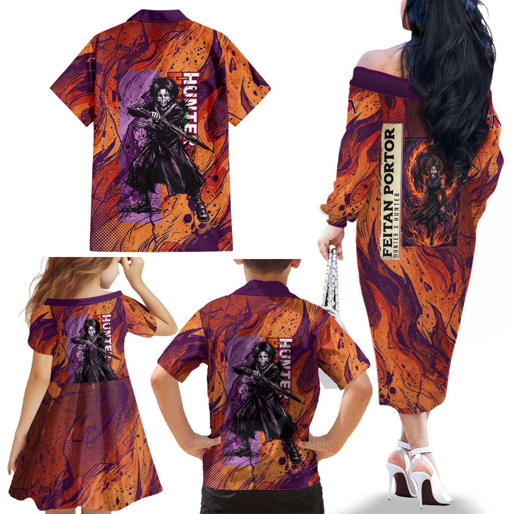 Feitan Portor Flame Aura Design Family Matching Off The Shoulder Long Sleeve Dress and Hawaiian Shirt with Sword Stance and Intense Anime Artwork