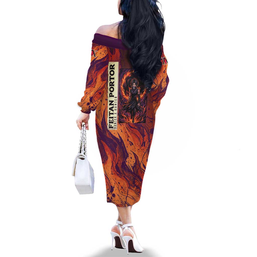 Feitan Portor Flame Aura Design Family Matching Off The Shoulder Long Sleeve Dress and Hawaiian Shirt with Sword Stance and Intense Anime Artwork