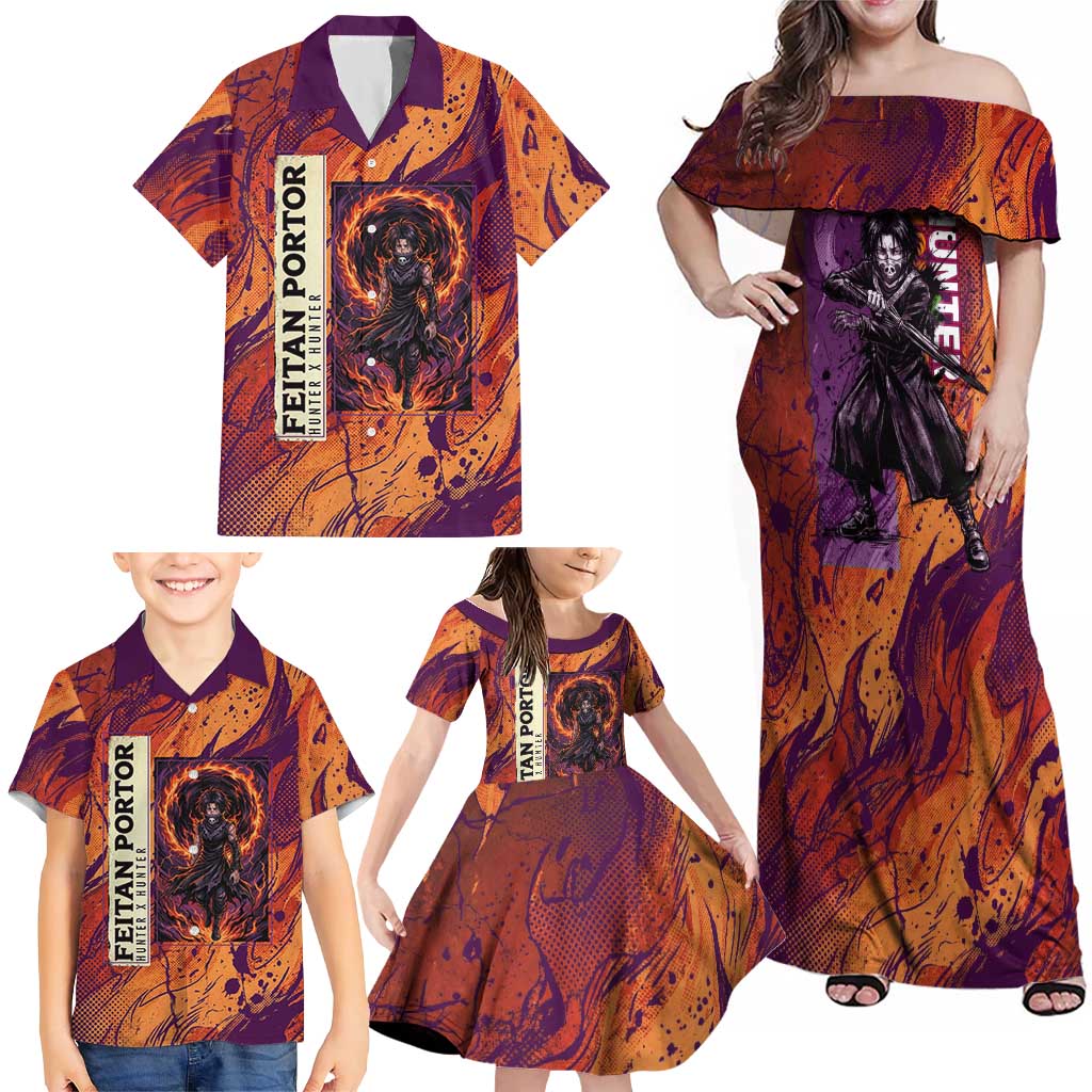 Feitan Portor Flame Aura Design Family Matching Off Shoulder Maxi Dress and Hawaiian Shirt with Sword Stance and Intense Anime Artwork