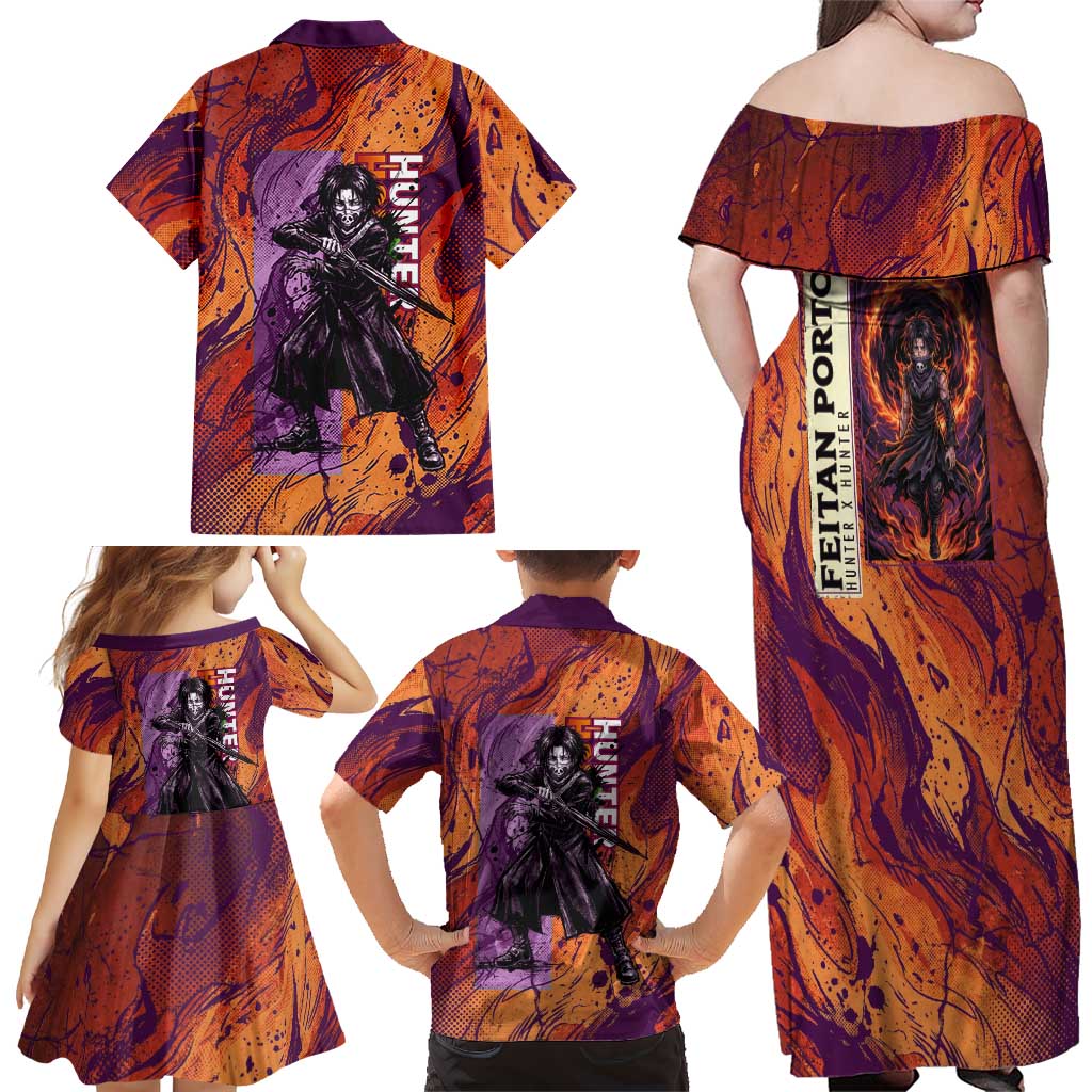 Feitan Portor Flame Aura Design Family Matching Off Shoulder Maxi Dress and Hawaiian Shirt with Sword Stance and Intense Anime Artwork