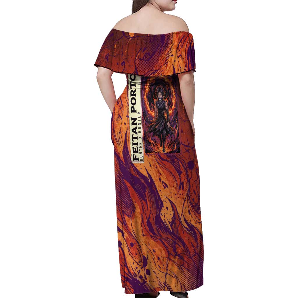 Feitan Portor Flame Aura Design Family Matching Off Shoulder Maxi Dress and Hawaiian Shirt with Sword Stance and Intense Anime Artwork
