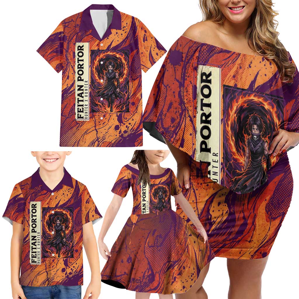 Feitan Portor Flame Aura Design Family Matching Off Shoulder Short Dress and Hawaiian Shirt with Sword Stance and Intense Anime Artwork