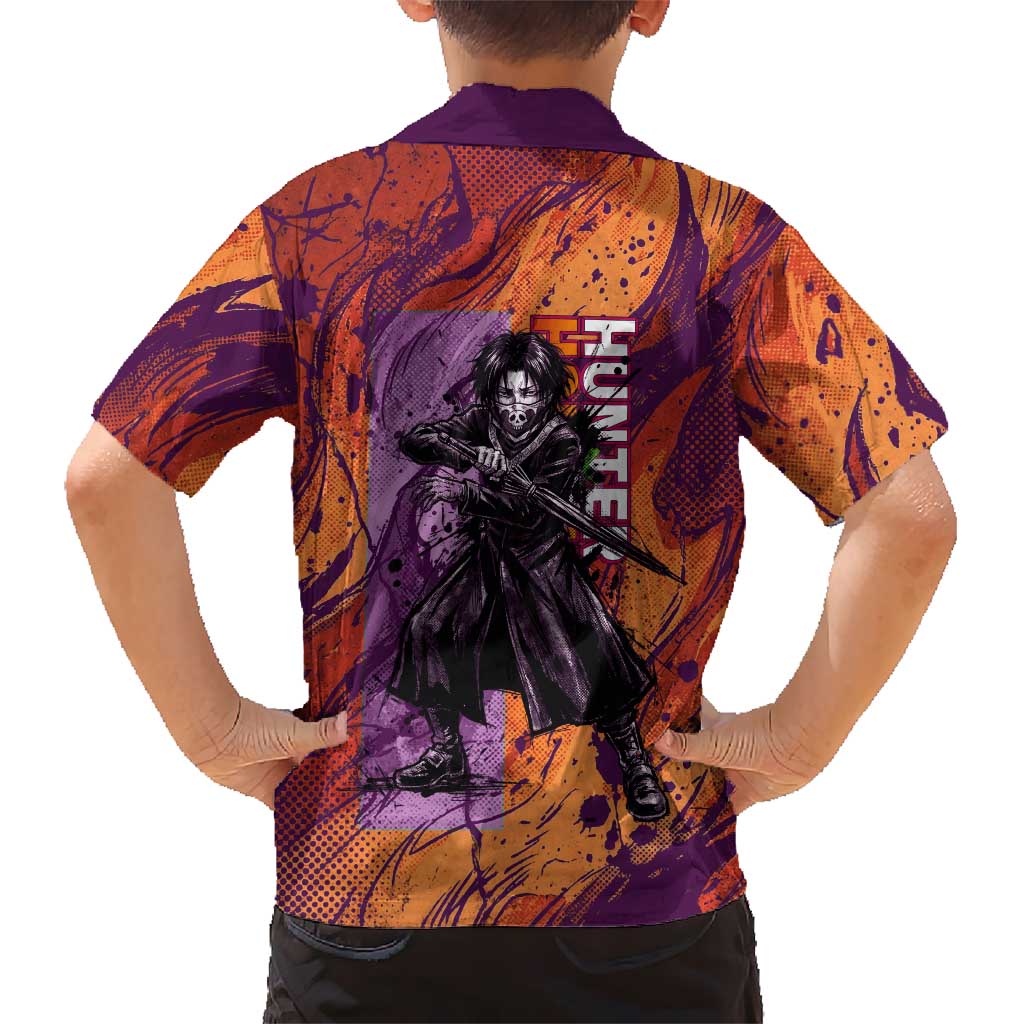 Feitan Portor Flame Aura Design Family Matching Off Shoulder Short Dress and Hawaiian Shirt with Sword Stance and Intense Anime Artwork