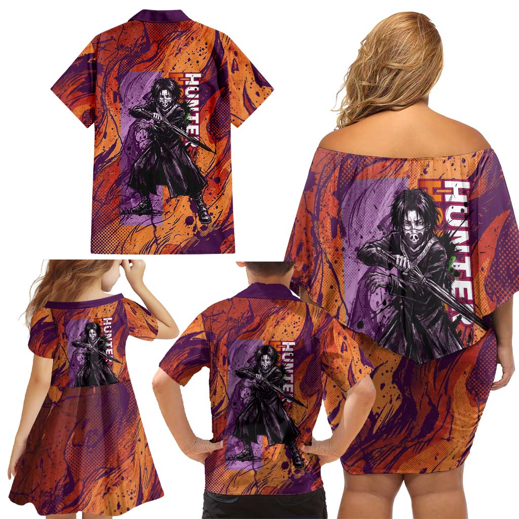 Feitan Portor Flame Aura Design Family Matching Off Shoulder Short Dress and Hawaiian Shirt with Sword Stance and Intense Anime Artwork