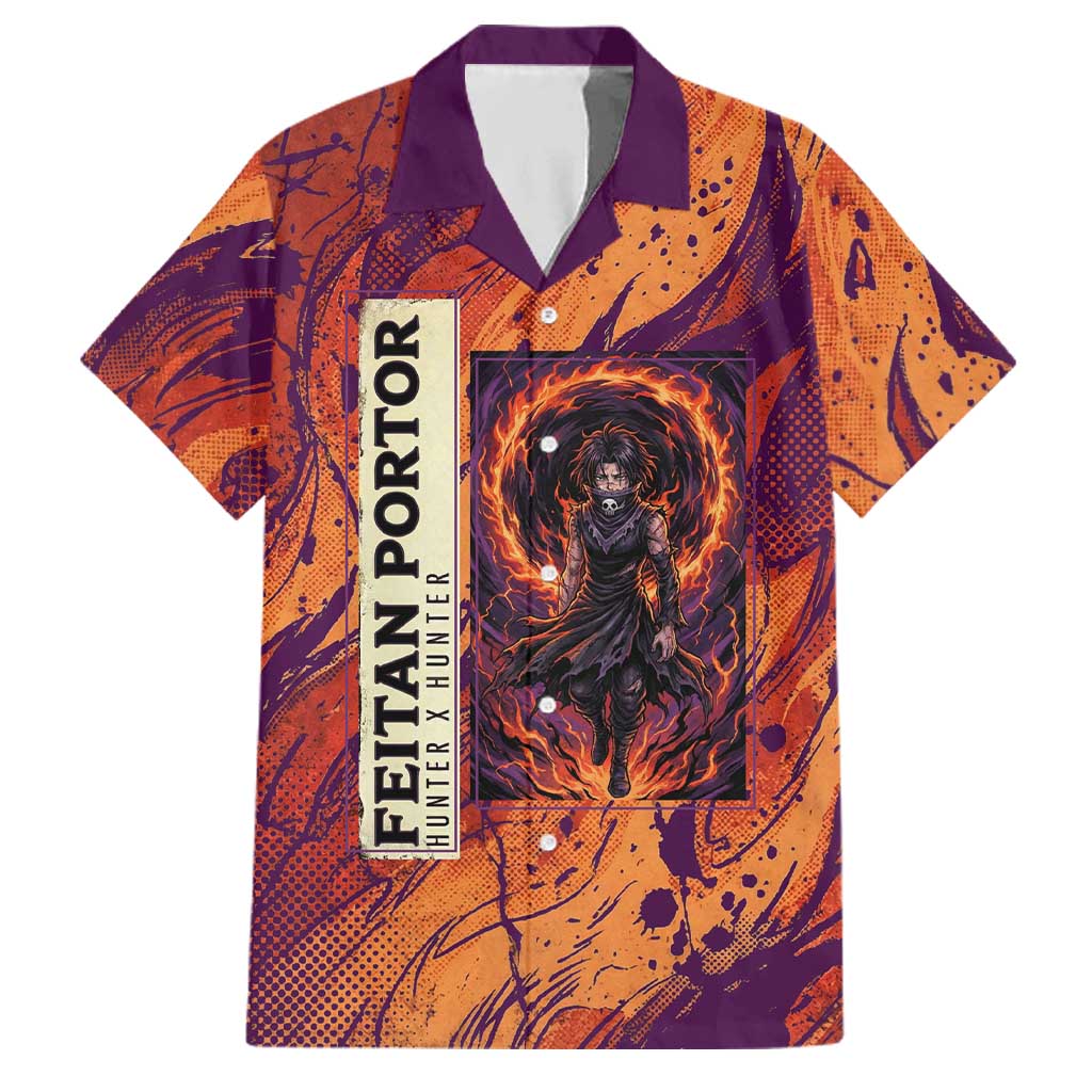 Feitan Portor Flame Aura Design Family Matching Off Shoulder Short Dress and Hawaiian Shirt with Sword Stance and Intense Anime Artwork