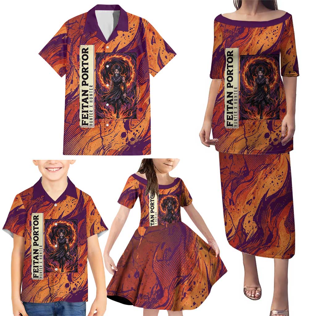 Feitan Portor Flame Aura Design Family Matching Puletasi and Hawaiian Shirt with Sword Stance and Intense Anime Artwork
