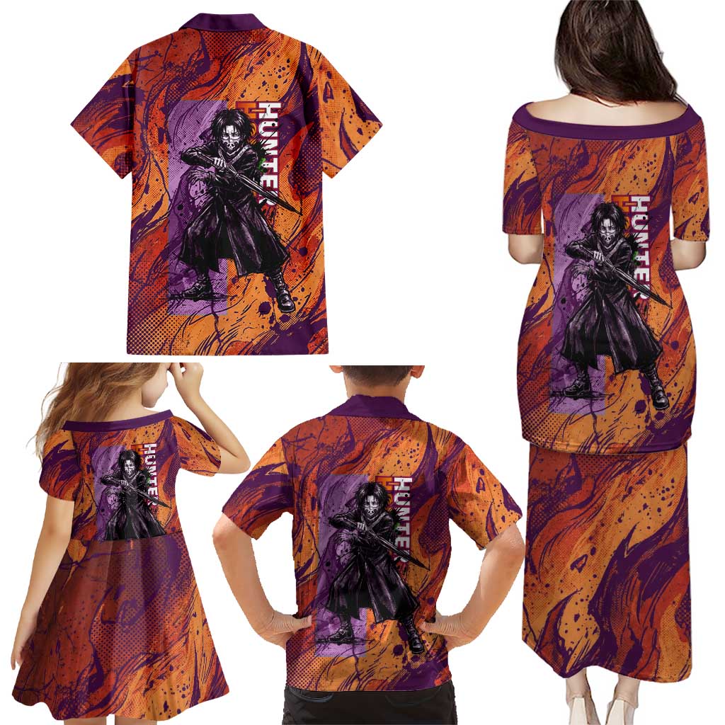 Feitan Portor Flame Aura Design Family Matching Puletasi and Hawaiian Shirt with Sword Stance and Intense Anime Artwork