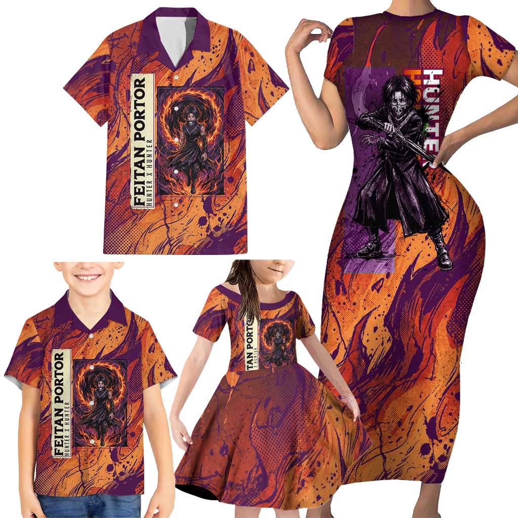 Feitan Portor Flame Aura Design Family Matching Short Sleeve Bodycon Dress and Hawaiian Shirt with Sword Stance and Intense Anime Artwork