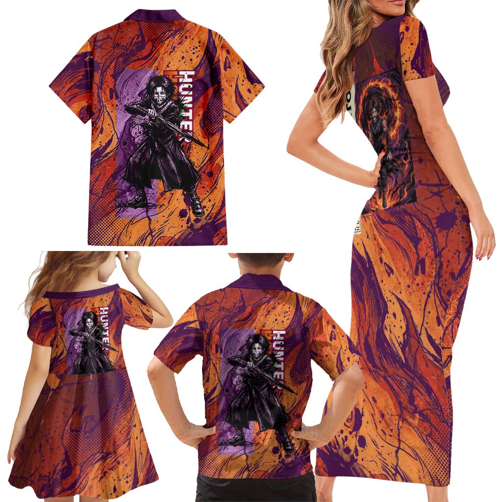 Feitan Portor Flame Aura Design Family Matching Short Sleeve Bodycon Dress and Hawaiian Shirt with Sword Stance and Intense Anime Artwork