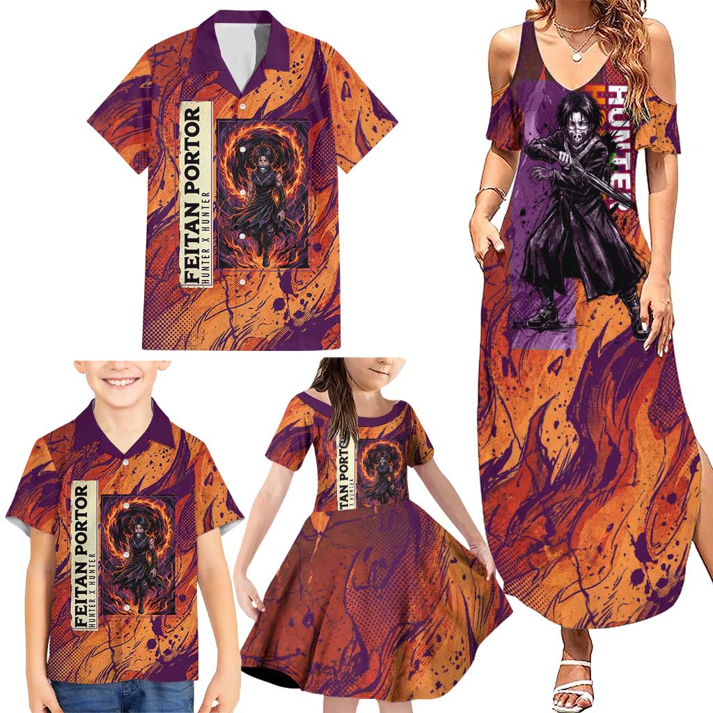 Feitan Portor Flame Aura Design Family Matching Summer Maxi Dress and Hawaiian Shirt with Sword Stance and Intense Anime Artwork