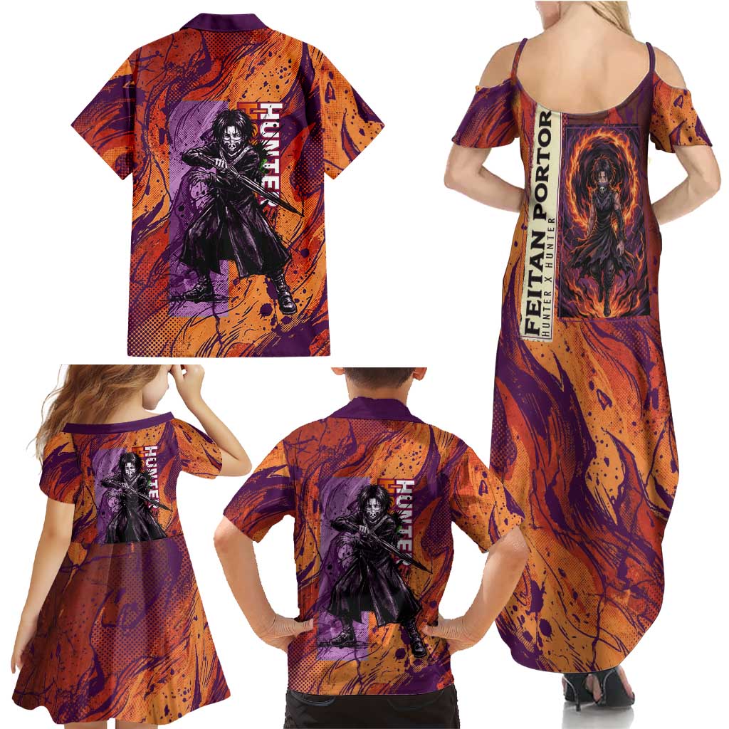Feitan Portor Flame Aura Design Family Matching Summer Maxi Dress and Hawaiian Shirt with Sword Stance and Intense Anime Artwork