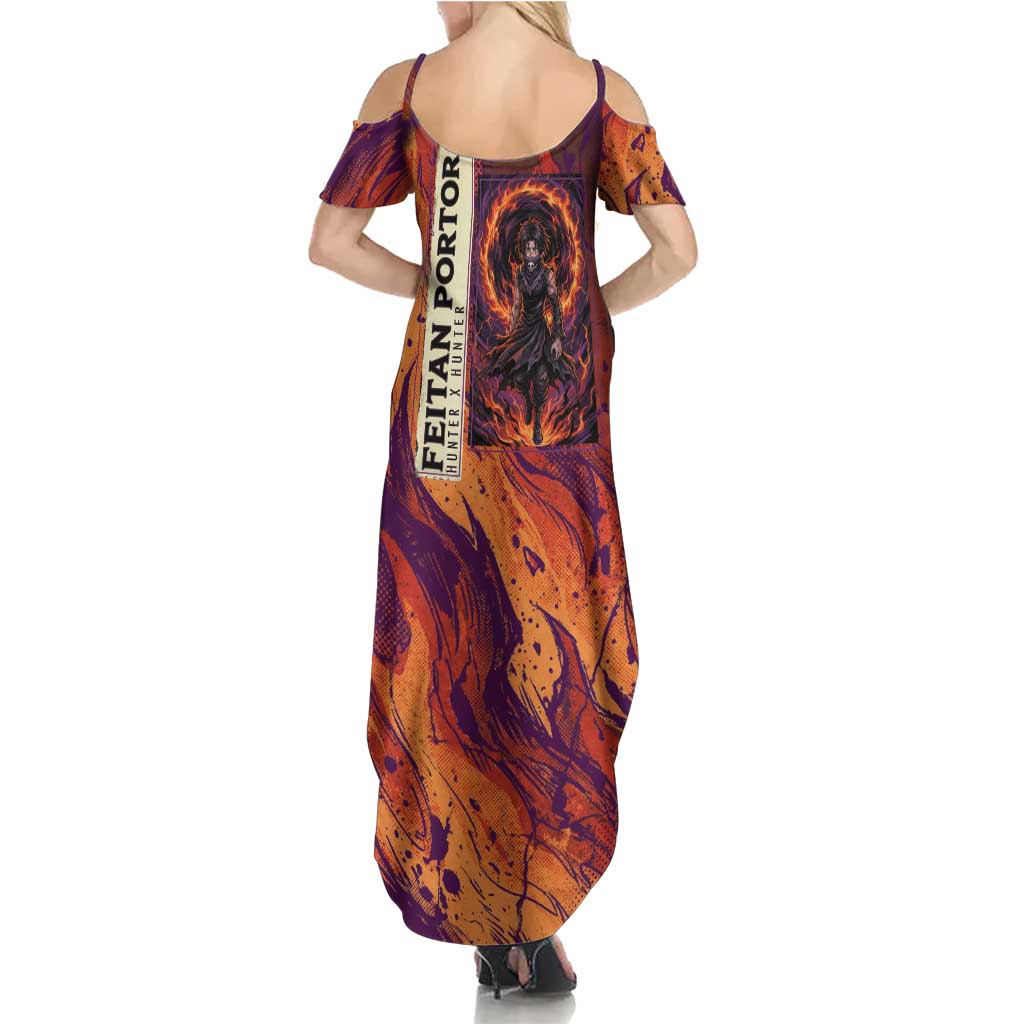 Feitan Portor Flame Aura Design Family Matching Summer Maxi Dress and Hawaiian Shirt with Sword Stance and Intense Anime Artwork