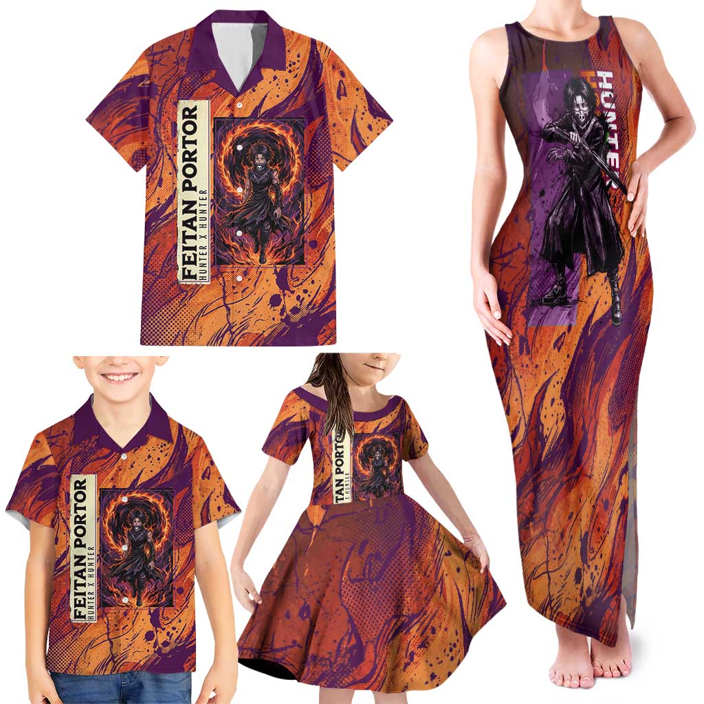 Feitan Portor Flame Aura Design Family Matching Tank Maxi Dress and Hawaiian Shirt with Sword Stance and Intense Anime Artwork
