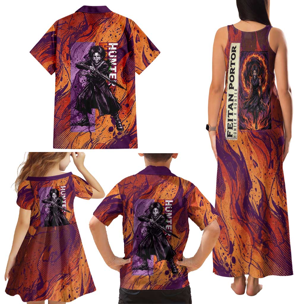 Feitan Portor Flame Aura Design Family Matching Tank Maxi Dress and Hawaiian Shirt with Sword Stance and Intense Anime Artwork