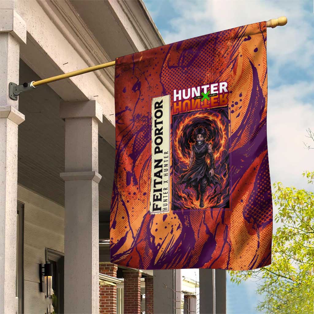 Feitan Portor Flame Aura Design Garden Flag with Sword Stance and Intense Anime Artwork - The Mazicc