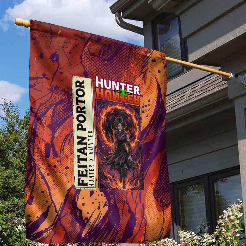 Feitan Portor Flame Aura Design Garden Flag with Sword Stance and Intense Anime Artwork - The Mazicc