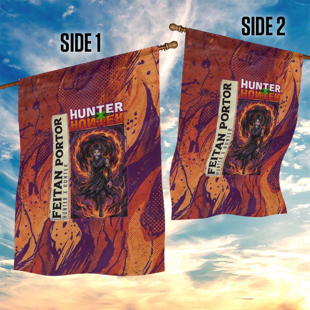 Feitan Portor Flame Aura Design Garden Flag with Sword Stance and Intense Anime Artwork - The Mazicc