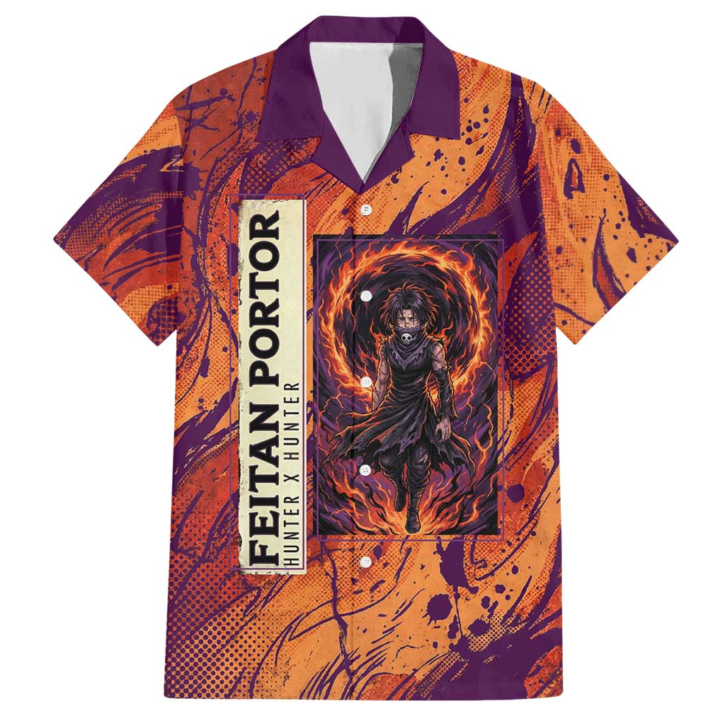 Feitan Portor Flame Aura Design Hawaiian Shirt with Sword Stance and Intense Anime Artwork - The Mazicc