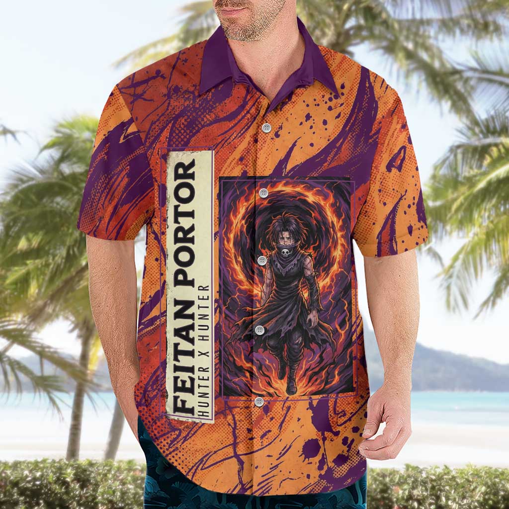 Feitan Portor Flame Aura Design Hawaiian Shirt with Sword Stance and Intense Anime Artwork - The Mazicc