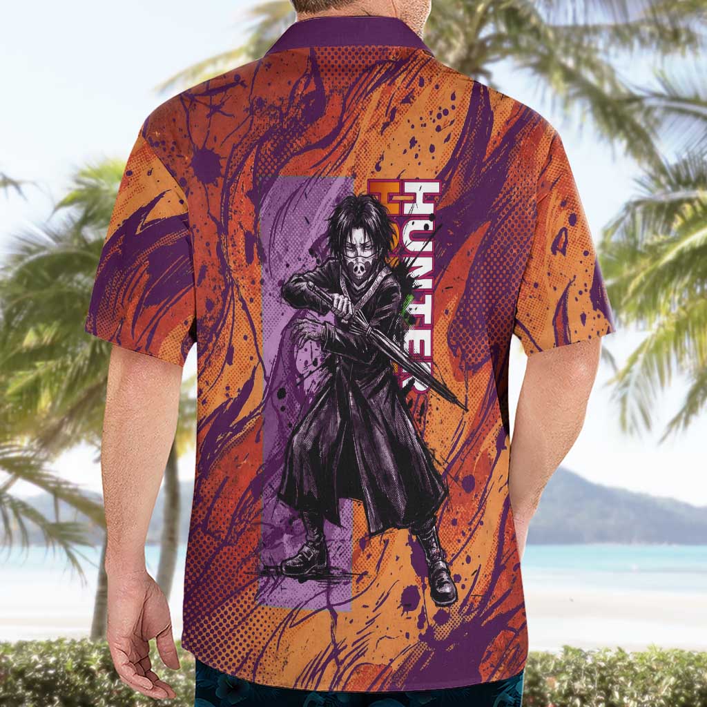 Feitan Portor Flame Aura Design Hawaiian Shirt with Sword Stance and Intense Anime Artwork - The Mazicc