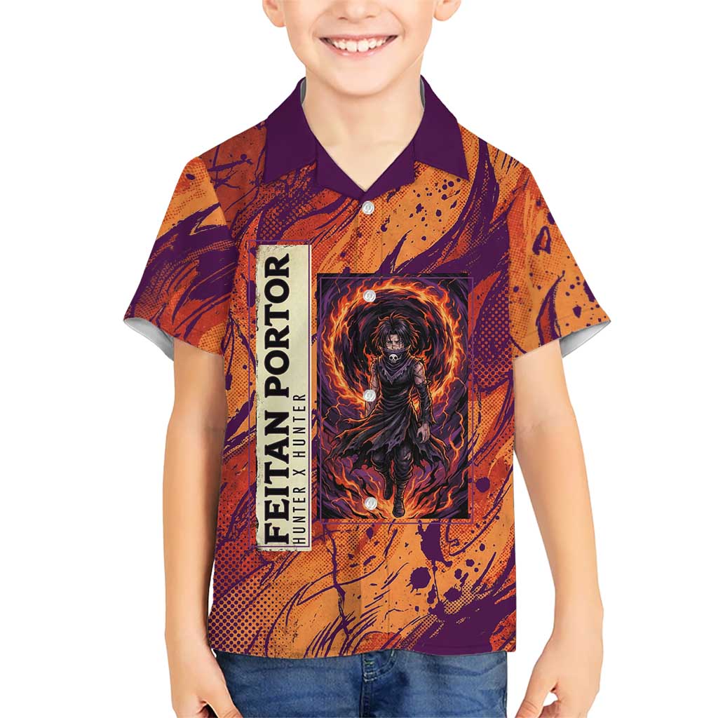 Feitan Portor Flame Aura Design Hawaiian Shirt with Sword Stance and Intense Anime Artwork - The Mazicc