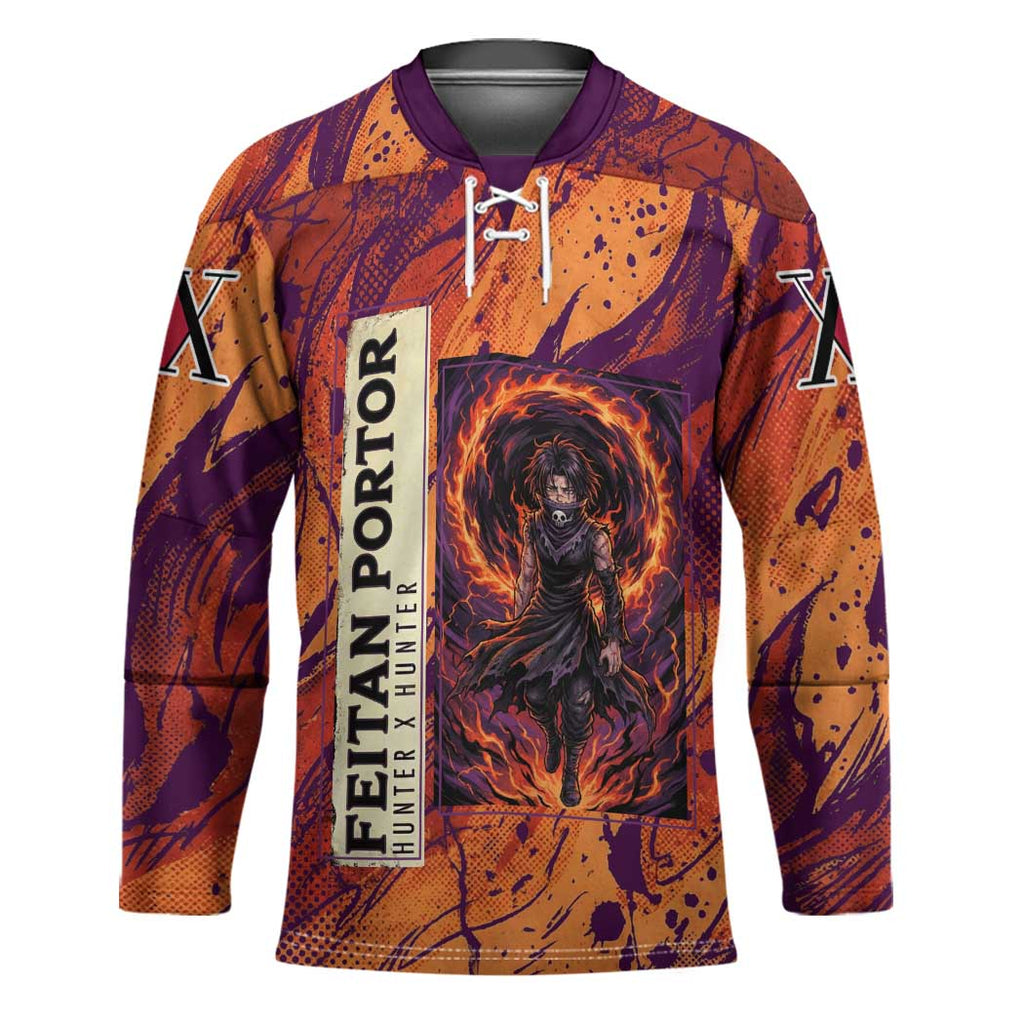 Feitan Portor Flame Aura Design Hockey Jersey with Sword Stance and Intense Anime Artwork - The Mazicc