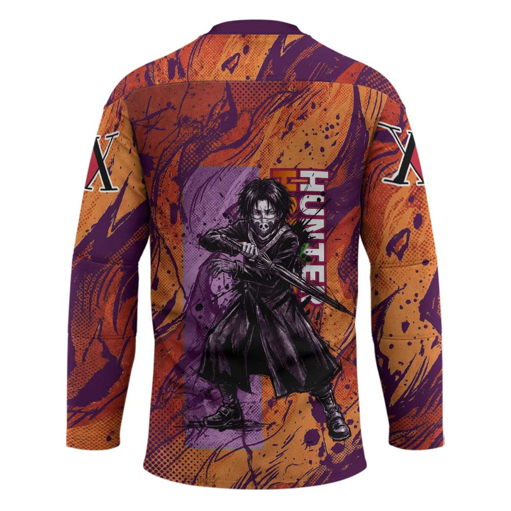 Feitan Portor Flame Aura Design Hockey Jersey with Sword Stance and Intense Anime Artwork - The Mazicc