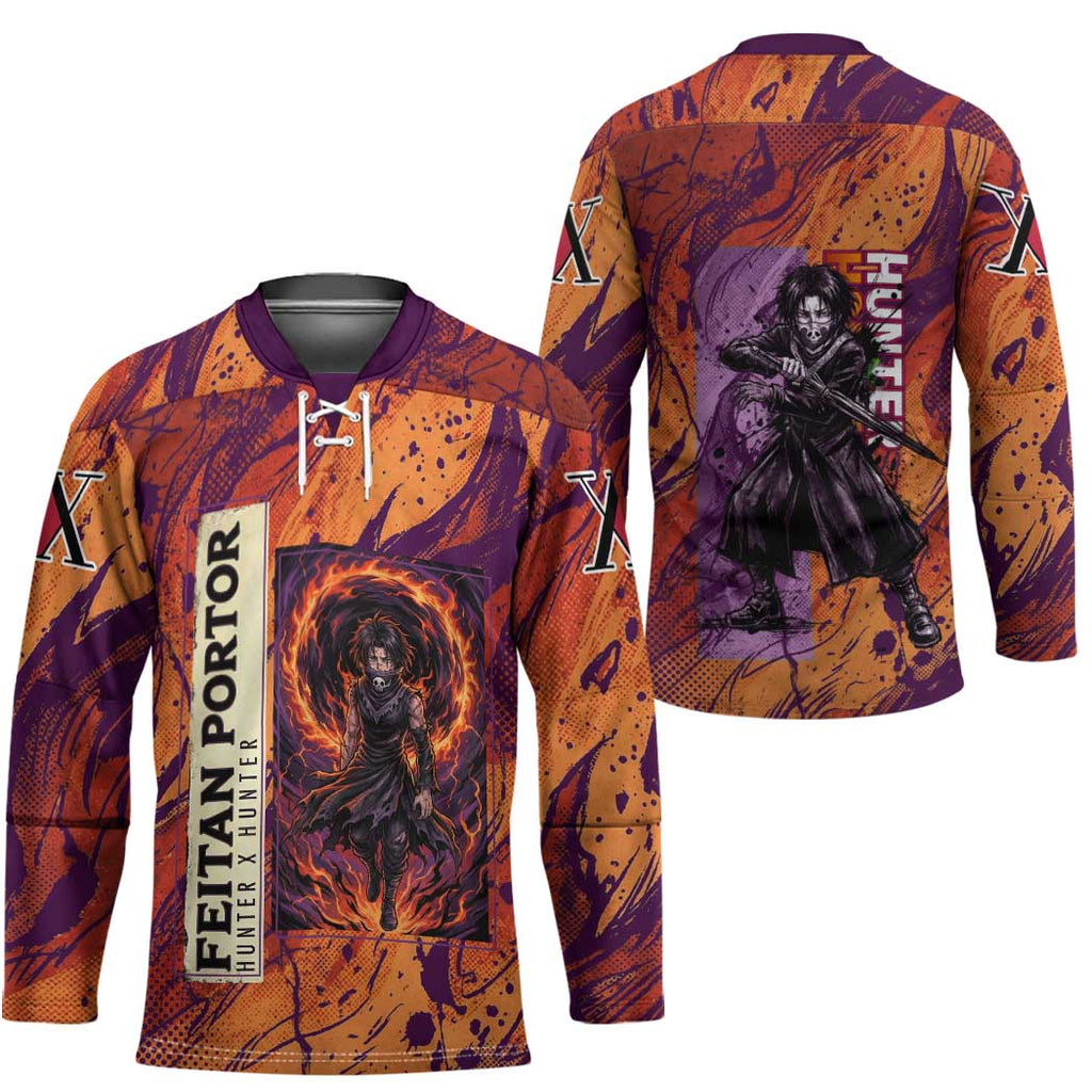Feitan Portor Flame Aura Design Hockey Jersey with Sword Stance and Intense Anime Artwork - The Mazicc
