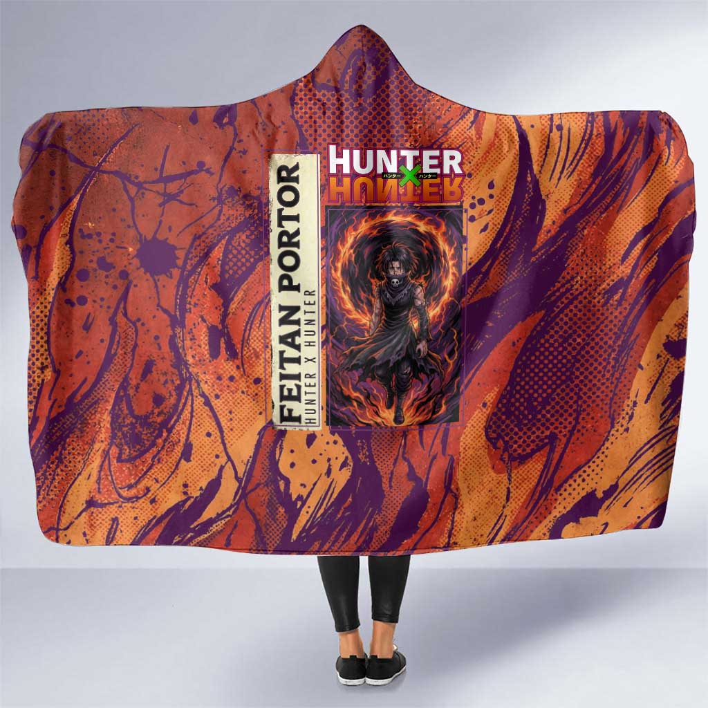 Feitan Portor Flame Aura Design Hooded Blanket with Sword Stance and Intense Anime Artwork - The Mazicc