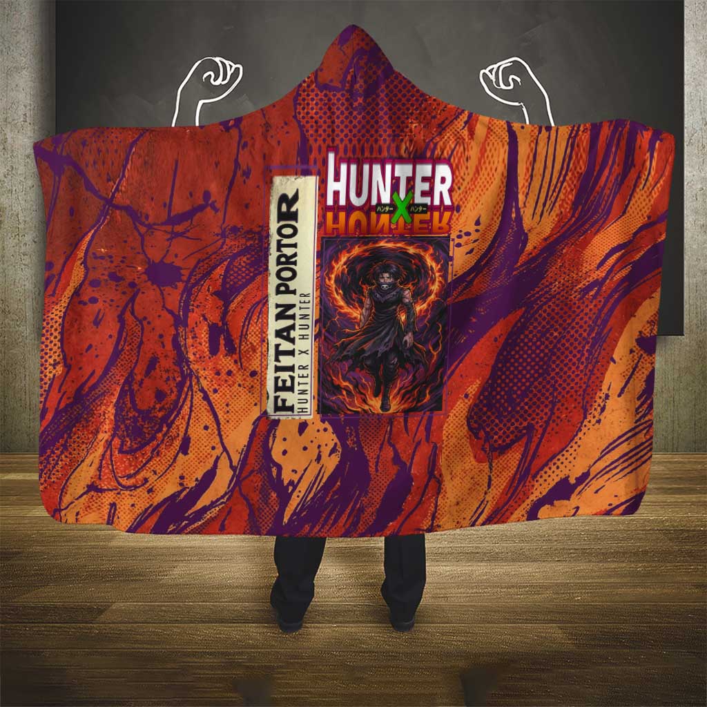 Feitan Portor Flame Aura Design Hooded Blanket with Sword Stance and Intense Anime Artwork - The Mazicc
