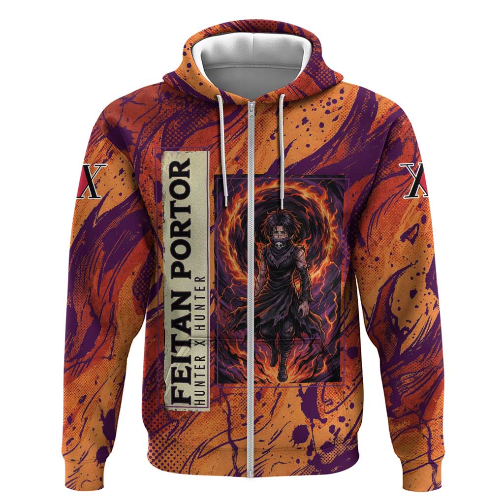 Feitan Portor Flame Aura Design Hoodie with Sword Stance and Intense Anime Artwork - The Mazicc