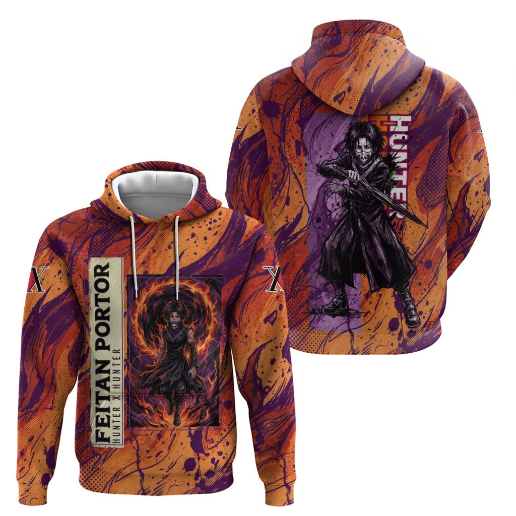 Feitan Portor Flame Aura Design Hoodie with Sword Stance and Intense Anime Artwork - The Mazicc