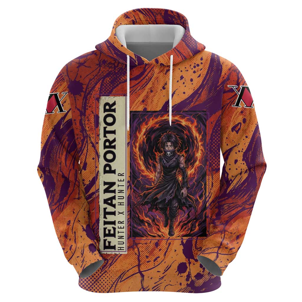 Feitan Portor Flame Aura Design Hoodie with Sword Stance and Intense Anime Artwork - The Mazicc