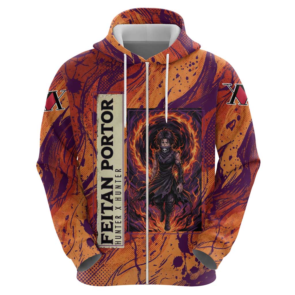 Feitan Portor Flame Aura Design Hoodie with Sword Stance and Intense Anime Artwork - The Mazicc