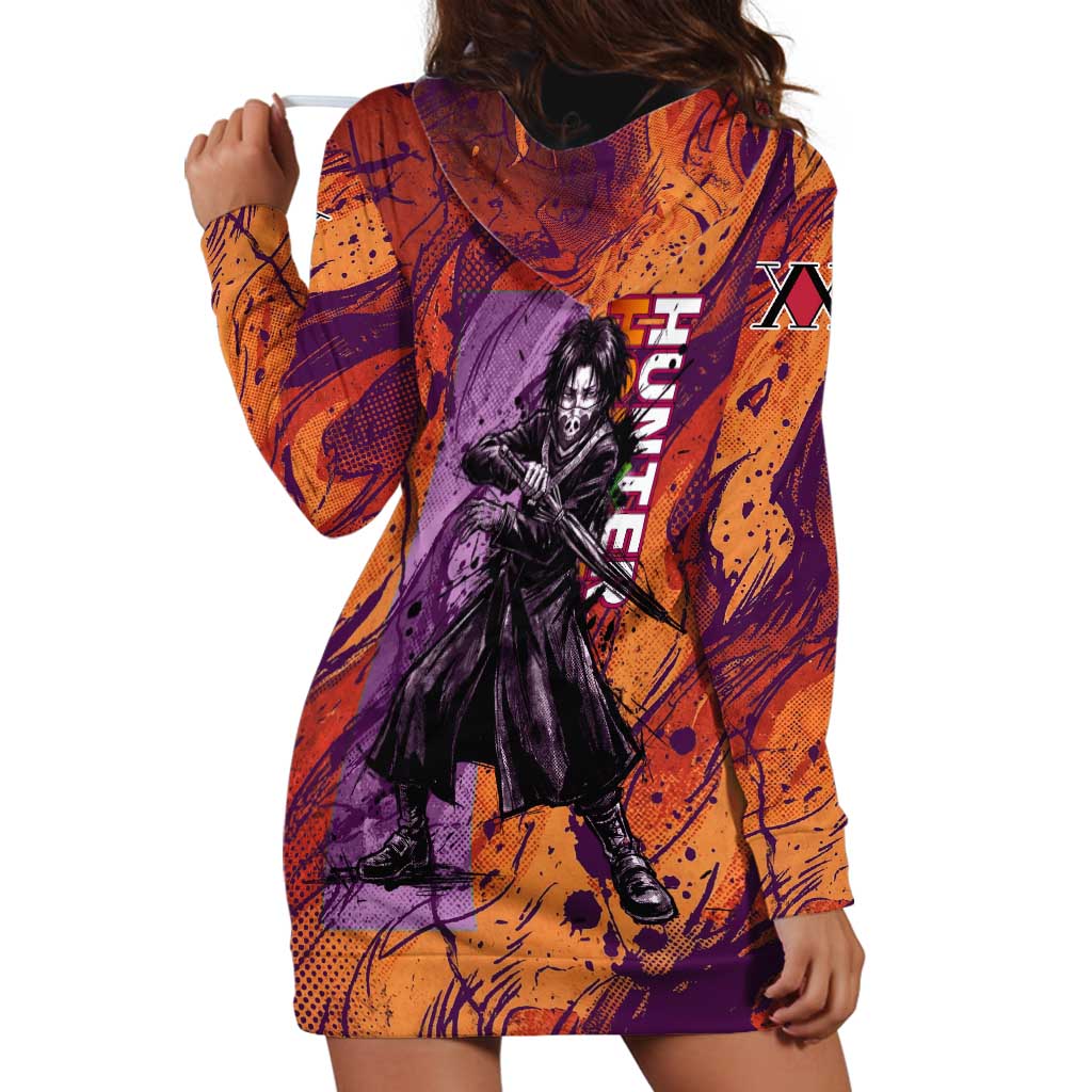 Feitan Portor Flame Aura Design Hoodie Dress with Sword Stance and Intense Anime Artwork - The Mazicc