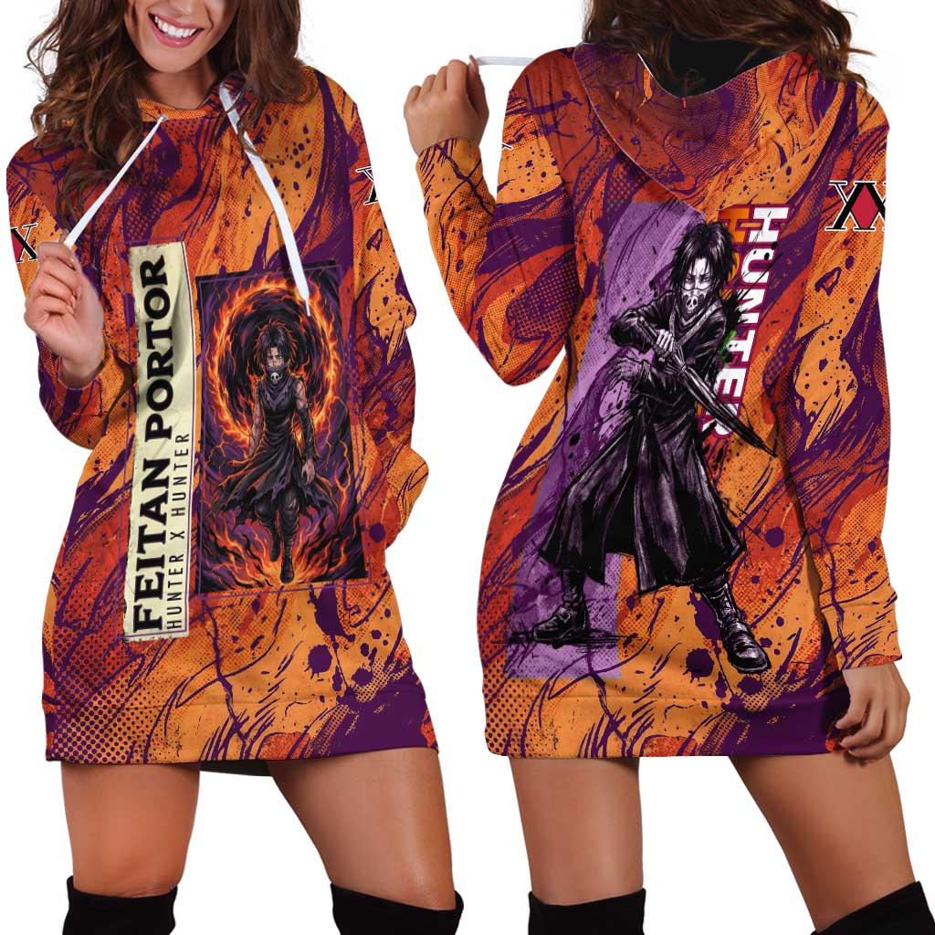 Feitan Portor Flame Aura Design Hoodie Dress with Sword Stance and Intense Anime Artwork - The Mazicc