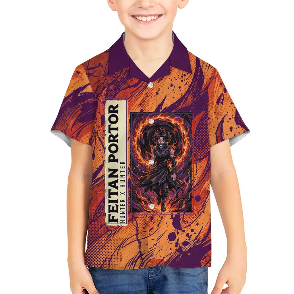 Feitan Portor Flame Aura Design Kid Hawaiian Shirt with Sword Stance and Intense Anime Artwork - The Mazicc